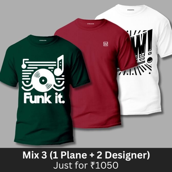 Mix T-shirts Combo of 3 (1 Plane 2 Designer)