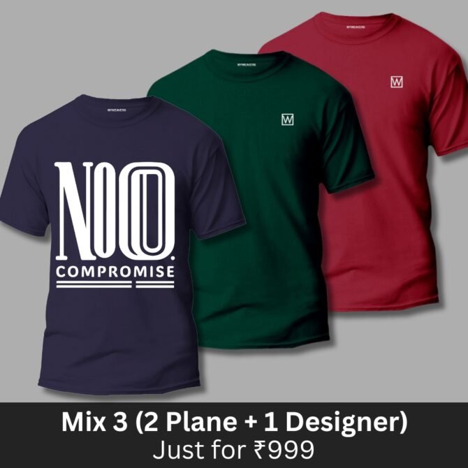 Mix T-shirts Combo of 3 (2 Plane 1 Designer)